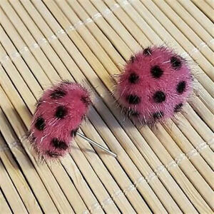 Handmade Faux Fur Fuzzy Polka Dot Earrings Pink Black
